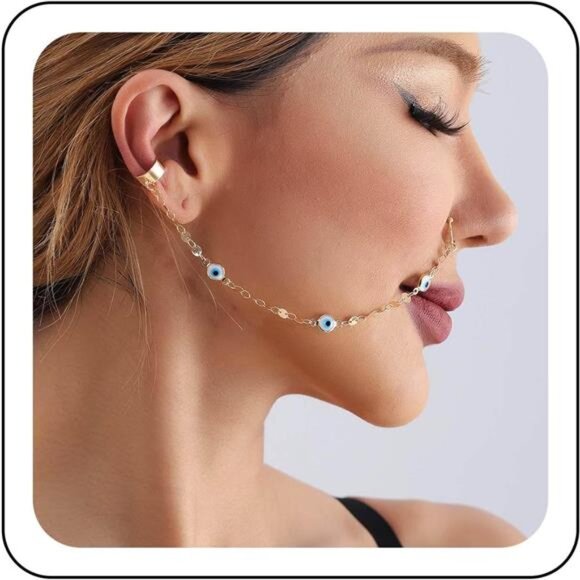 Gold Faux Nose Ring Chain to Ear – Hypoallergenic Septum Tassel Jewelry - Picture 1 of 3